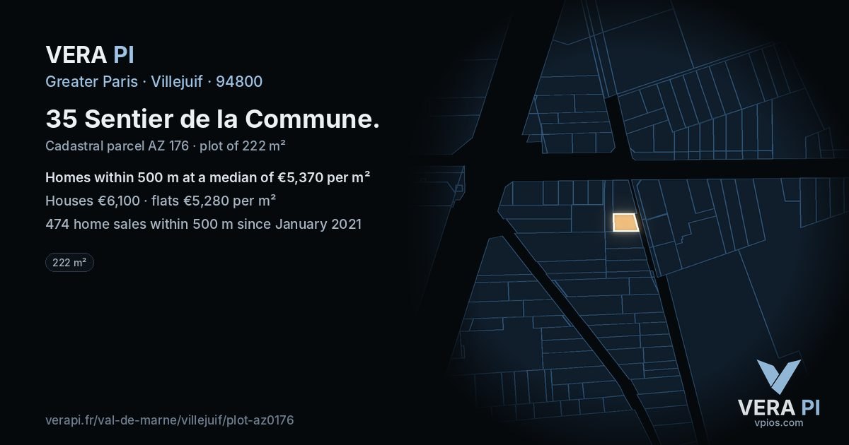 35 Sentier de la Commune, Villejuif at night – the plot lit, the parcels around coloured by the prices near them