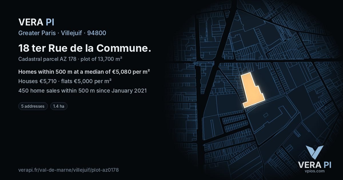 18 ter Rue de la Commune, Villejuif at night – the plot lit, the parcels around coloured by the prices near them