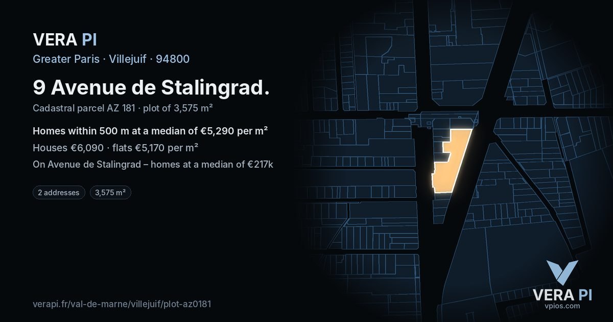 9 Avenue de Stalingrad, Villejuif at night – the plot lit, the parcels around coloured by the prices near them