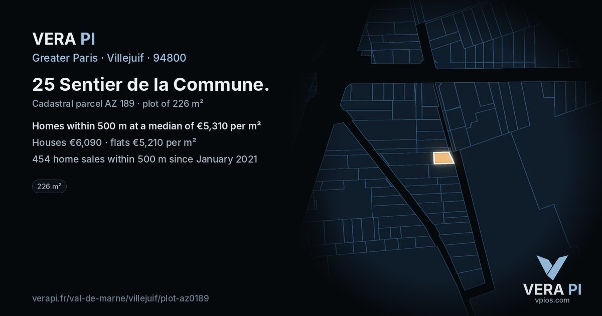 25 Sentier de la Commune, Villejuif at night – the plot lit, the parcels around coloured by the prices near them