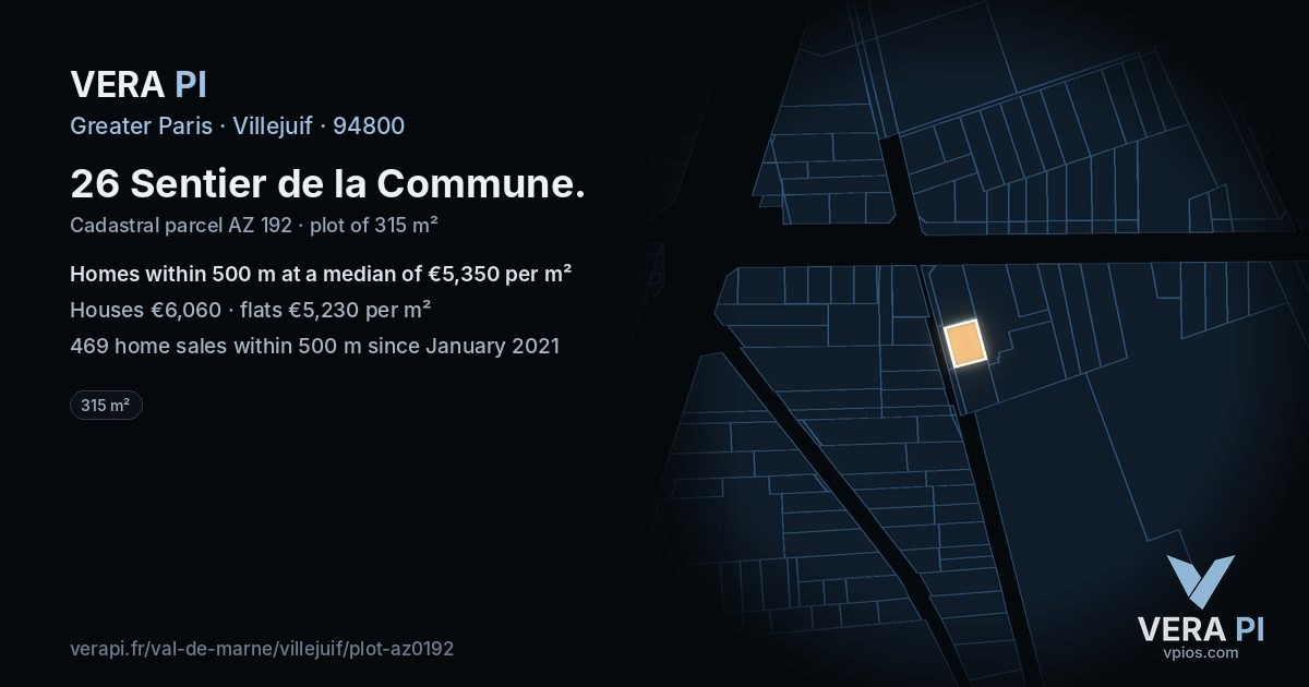 26 Sentier de la Commune, Villejuif at night – the plot lit, the parcels around coloured by the prices near them