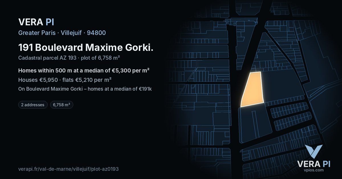 191 Boulevard Maxime Gorki, Villejuif at night – the plot lit, the parcels around coloured by the prices near them