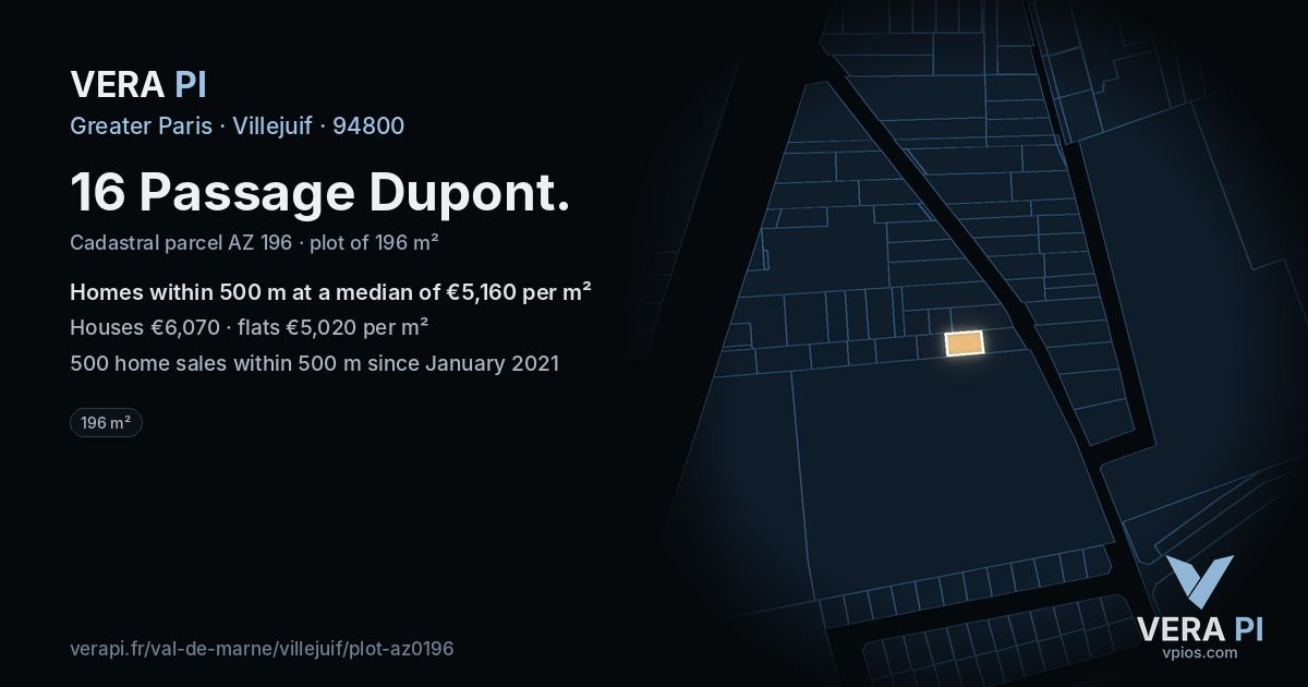 16 Passage Dupont, Villejuif at night – the plot lit, the parcels around coloured by the prices near them