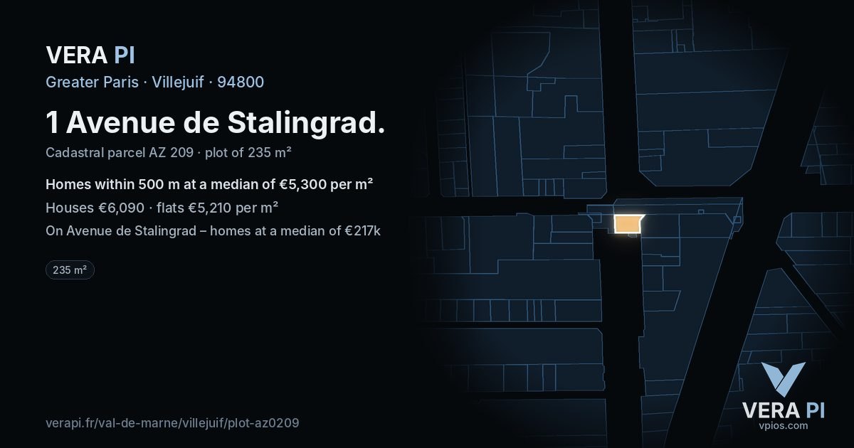 1 Avenue de Stalingrad, Villejuif at night – the plot lit, the parcels around coloured by the prices near them