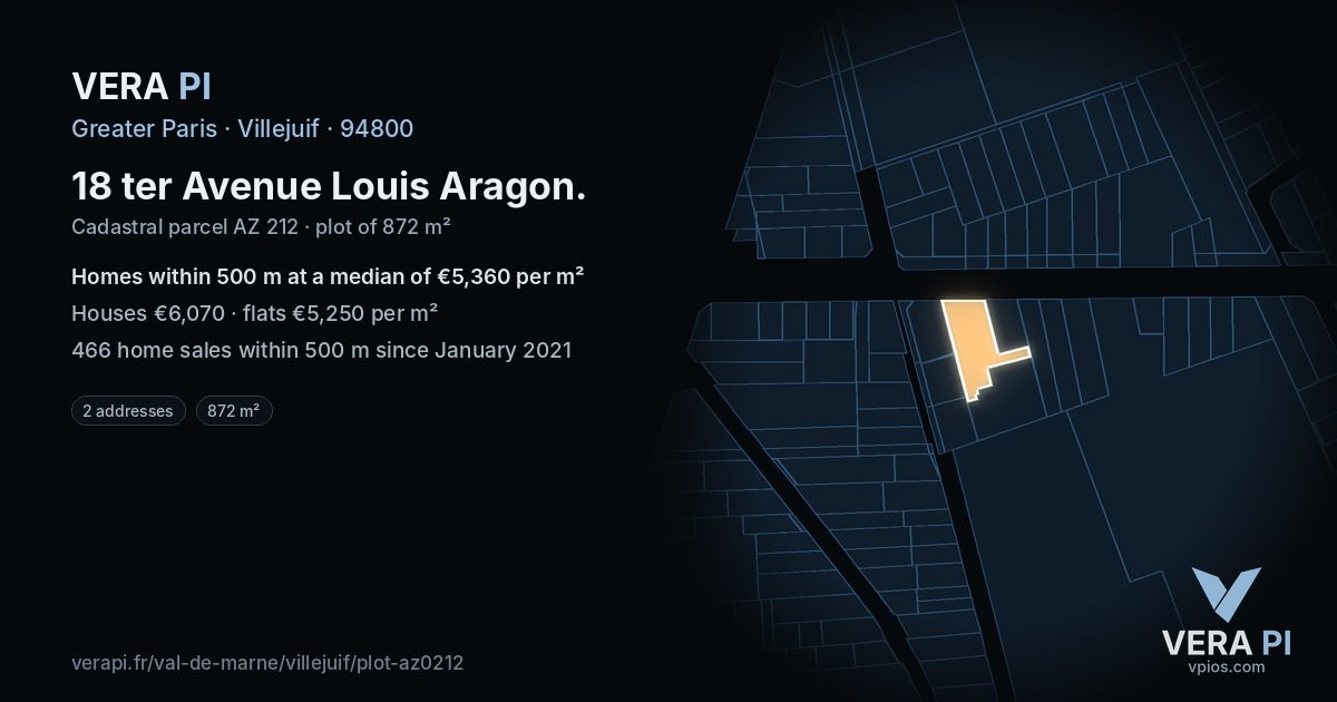 18 ter Avenue Louis Aragon, Villejuif at night – the plot lit, the parcels around coloured by the prices near them