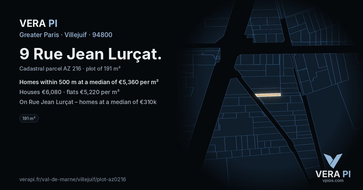 9 Rue Jean Lurçat, Villejuif at night – the plot lit, the parcels around coloured by the prices near them