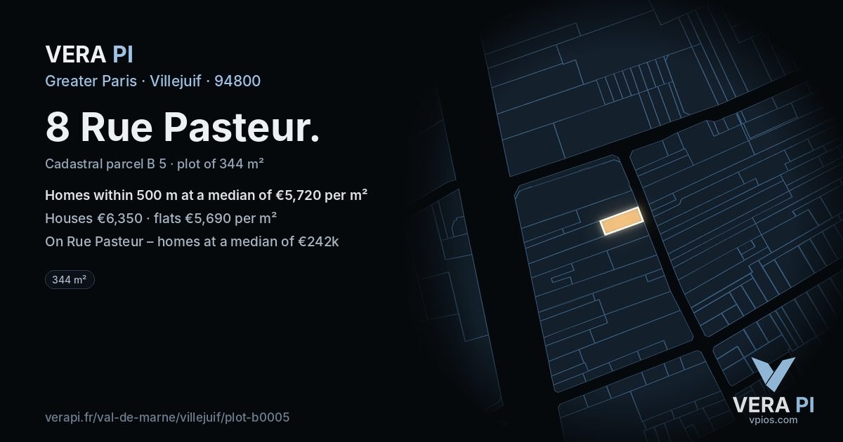 8 Rue Pasteur, Villejuif at night – the plot lit, the parcels around coloured by the prices near them