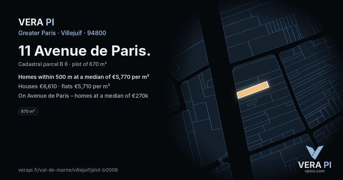 11 Avenue de Paris, Villejuif at night – the plot lit, the parcels around coloured by the prices near them