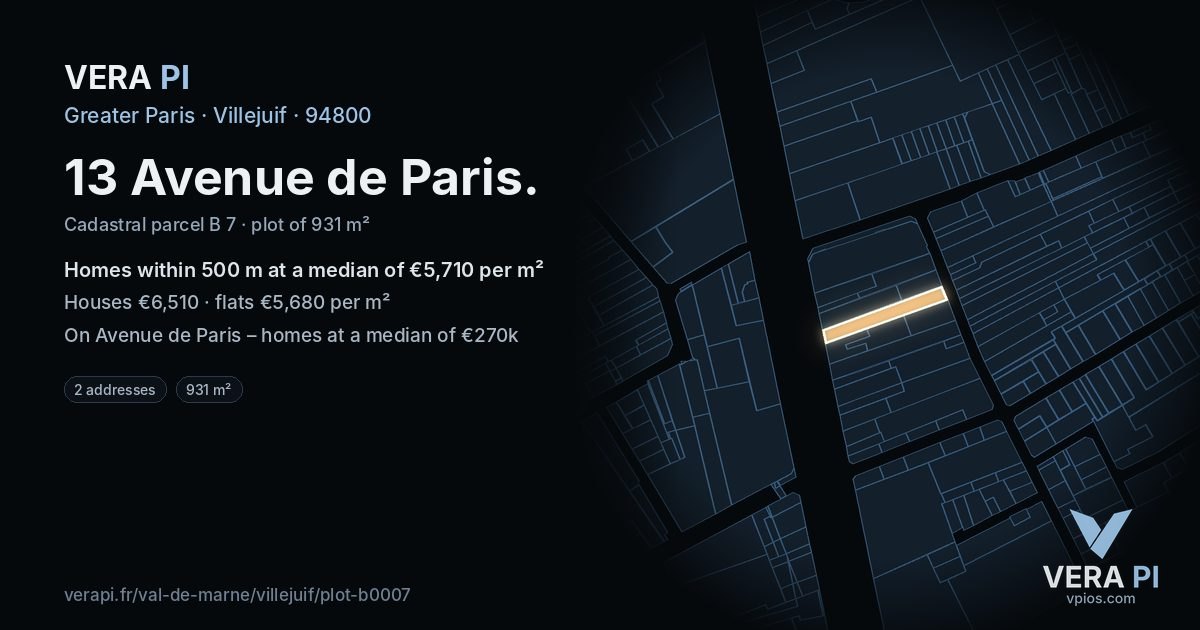 13 Avenue de Paris, Villejuif at night – the plot lit, the parcels around coloured by the prices near them