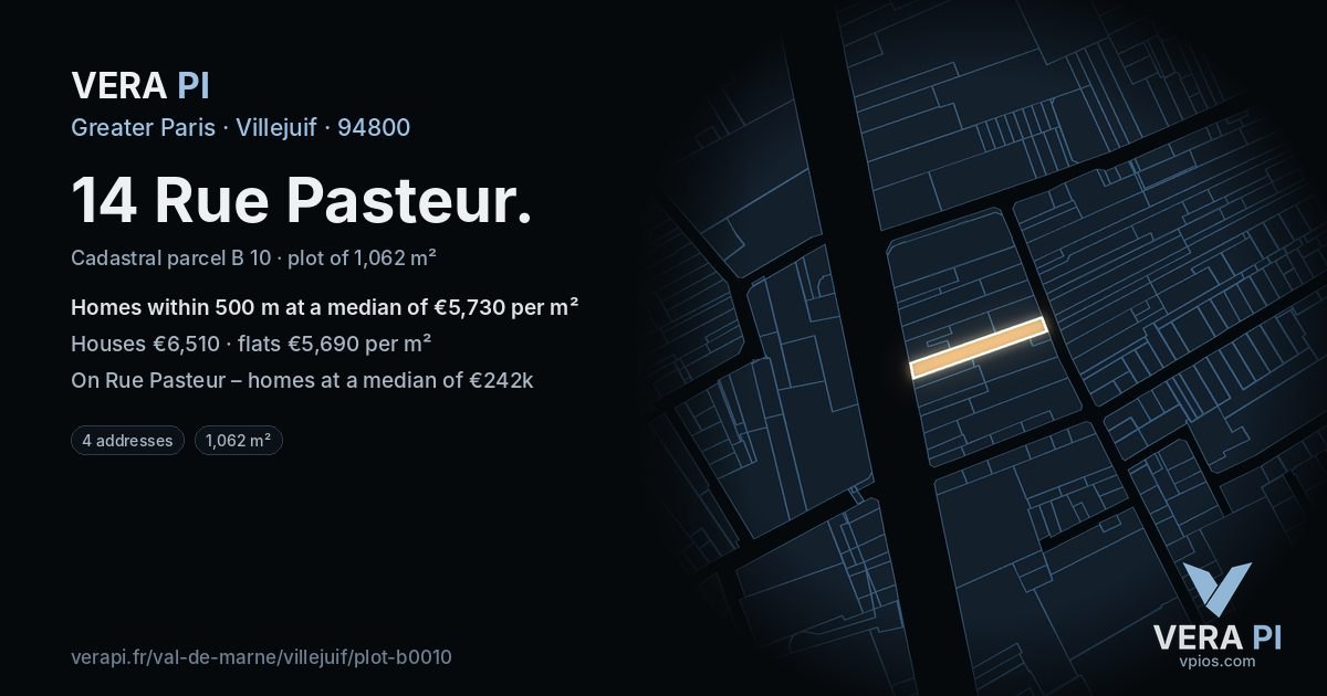 14 Rue Pasteur, Villejuif at night – the plot lit, the parcels around coloured by the prices near them