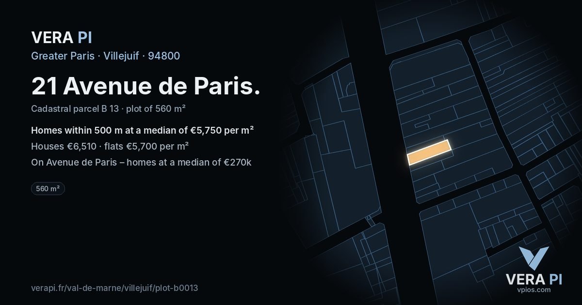 21 Avenue de Paris, Villejuif at night – the plot lit, the parcels around coloured by the prices near them