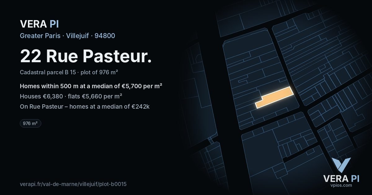 22 Rue Pasteur, Villejuif at night – the plot lit, the parcels around coloured by the prices near them