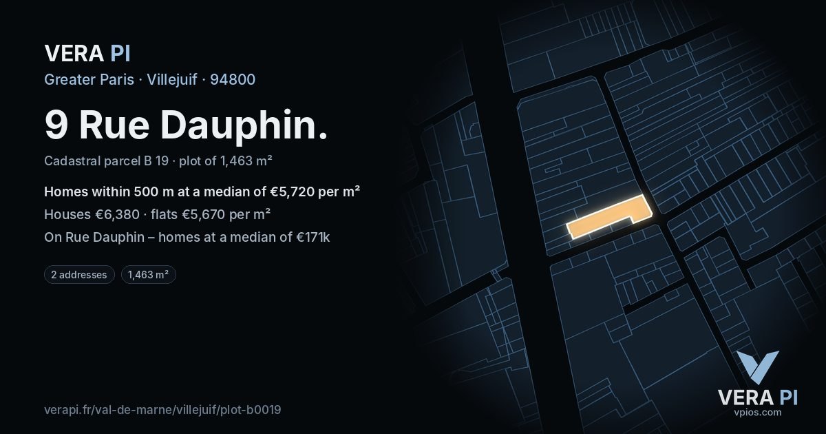 9 Rue Dauphin, Villejuif at night – the plot lit, the parcels around coloured by the prices near them