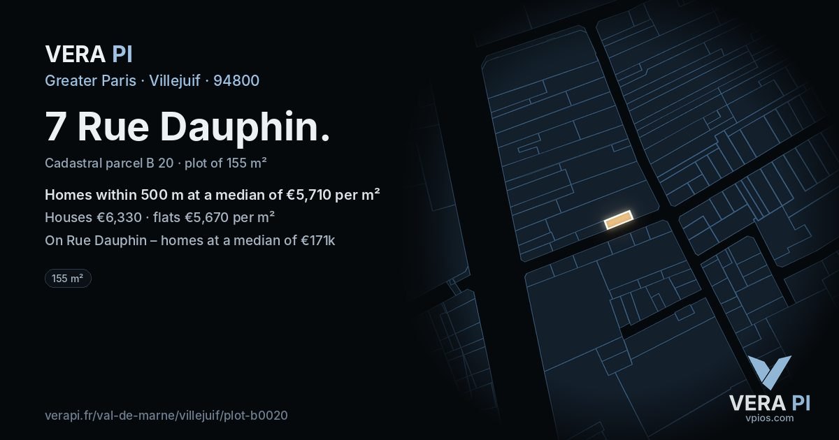 7 Rue Dauphin, Villejuif at night – the plot lit, the parcels around coloured by the prices near them