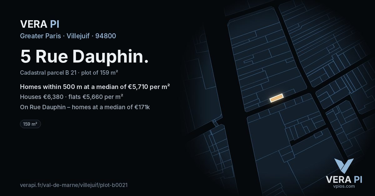 5 Rue Dauphin, Villejuif at night – the plot lit, the parcels around coloured by the prices near them
