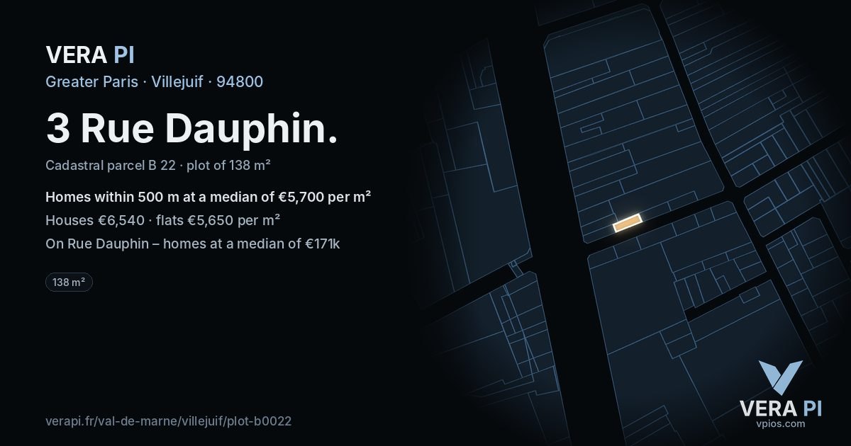 3 Rue Dauphin, Villejuif at night – the plot lit, the parcels around coloured by the prices near them
