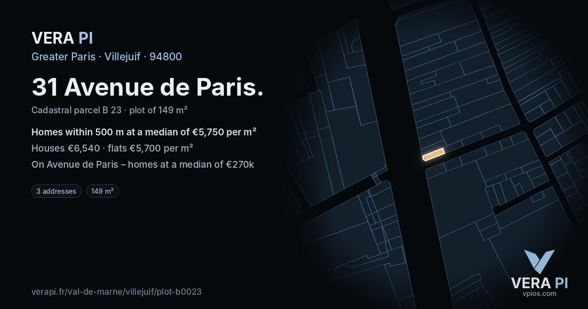 31 Avenue de Paris, Villejuif at night – the plot lit, the parcels around coloured by the prices near them