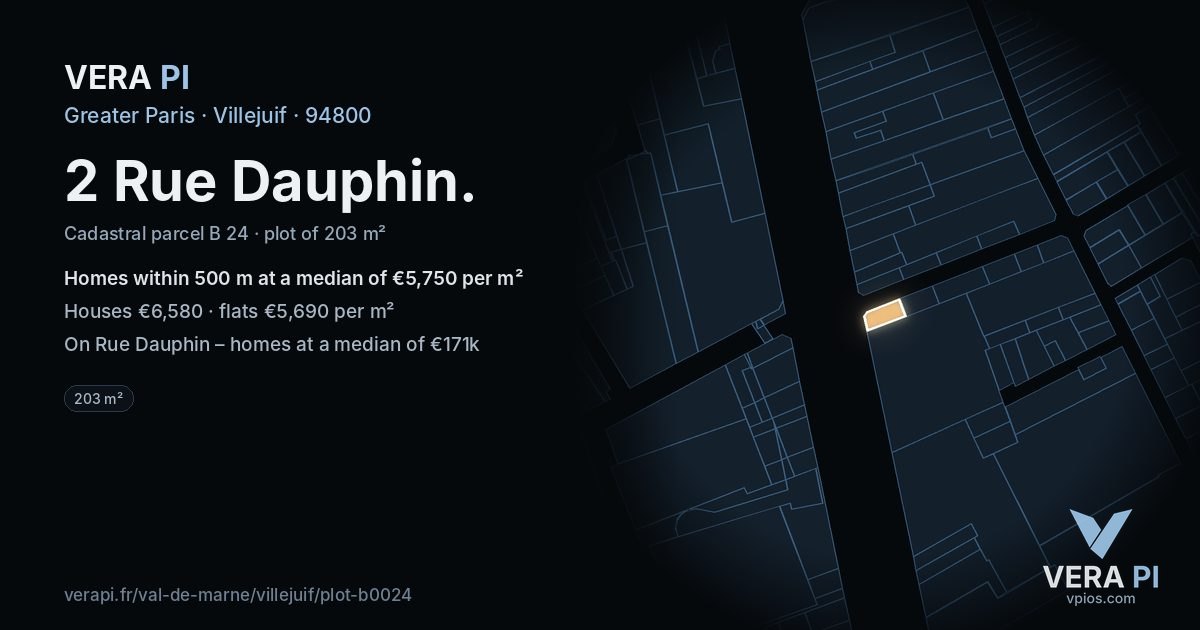 2 Rue Dauphin, Villejuif at night – the plot lit, the parcels around coloured by the prices near them