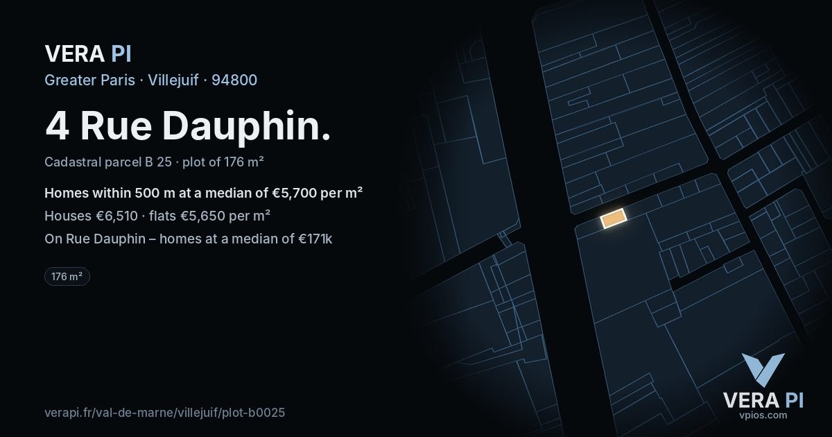 4 Rue Dauphin, Villejuif at night – the plot lit, the parcels around coloured by the prices near them