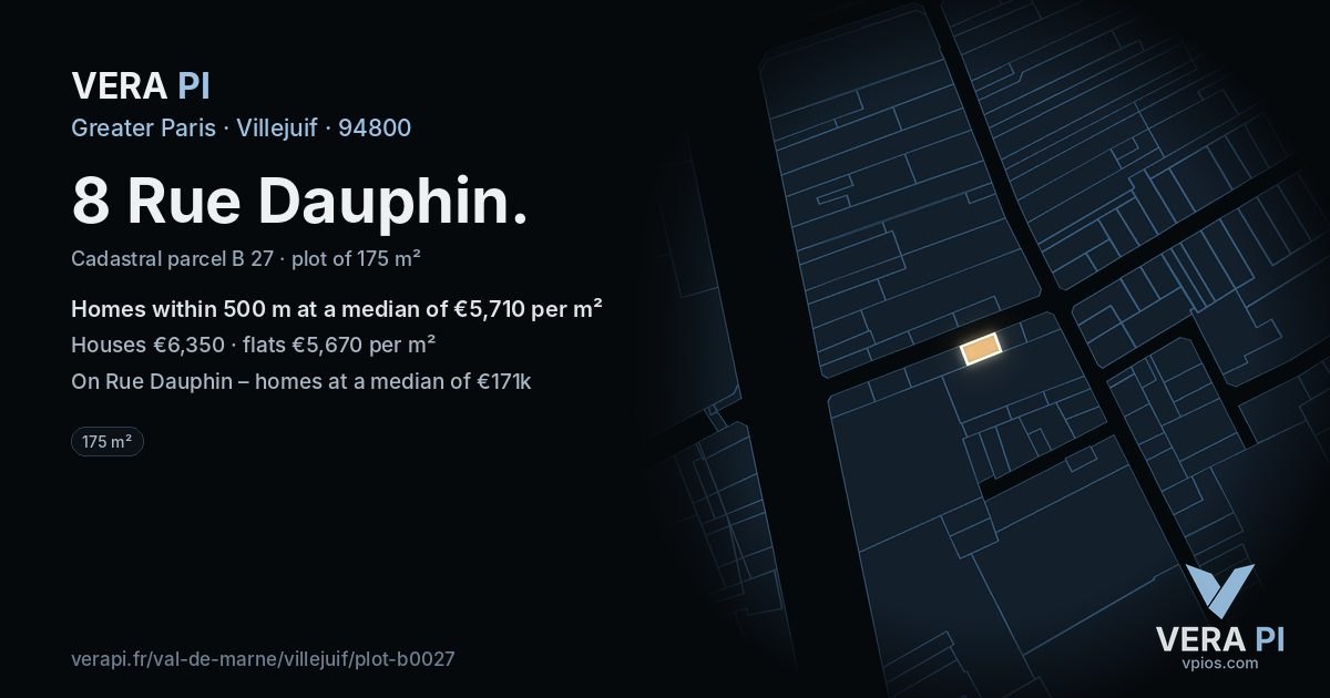 8 Rue Dauphin, Villejuif at night – the plot lit, the parcels around coloured by the prices near them