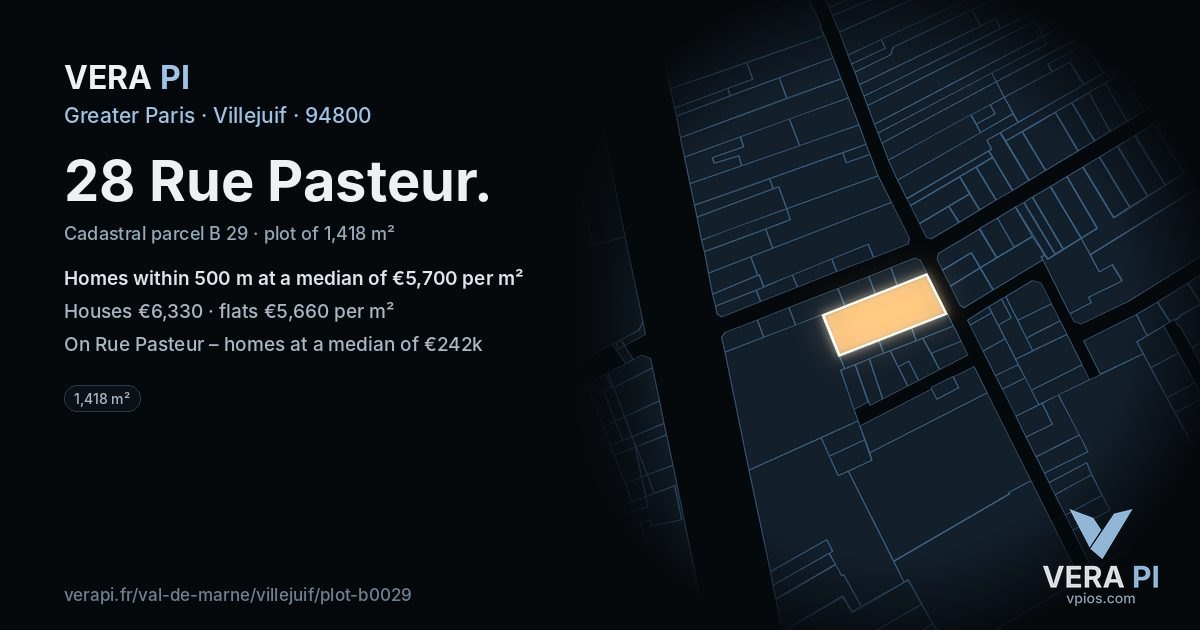 28 Rue Pasteur, Villejuif at night – the plot lit, the parcels around coloured by the prices near them
