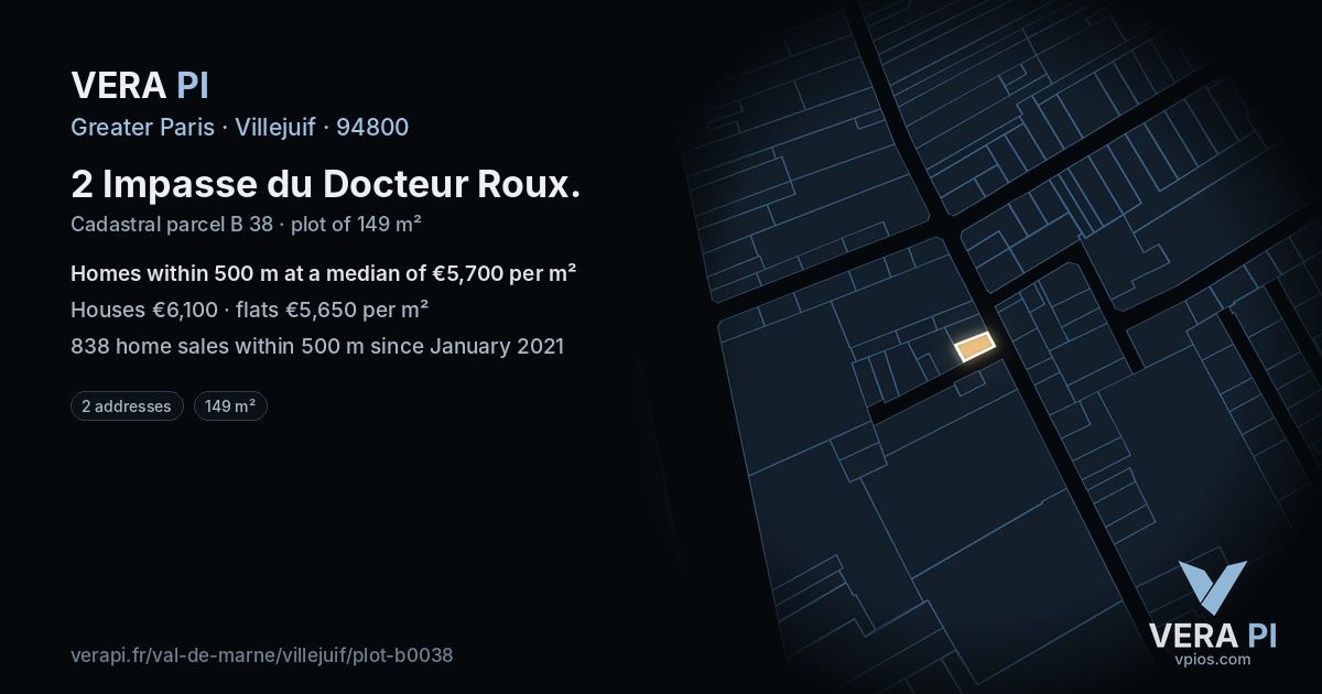 2 Impasse du Docteur Roux, Villejuif at night – the plot lit, the parcels around coloured by the prices near them
