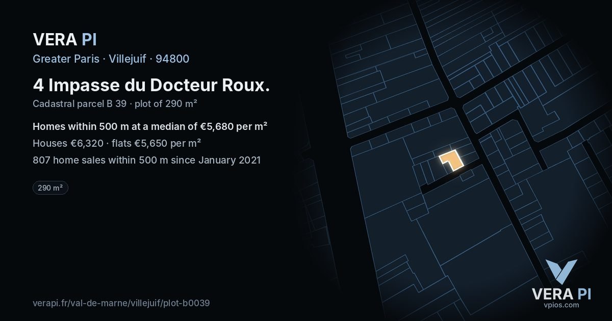 4 Impasse du Docteur Roux, Villejuif at night – the plot lit, the parcels around coloured by the prices near them