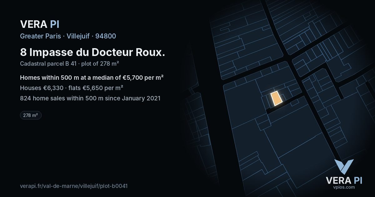 8 Impasse du Docteur Roux, Villejuif at night – the plot lit, the parcels around coloured by the prices near them