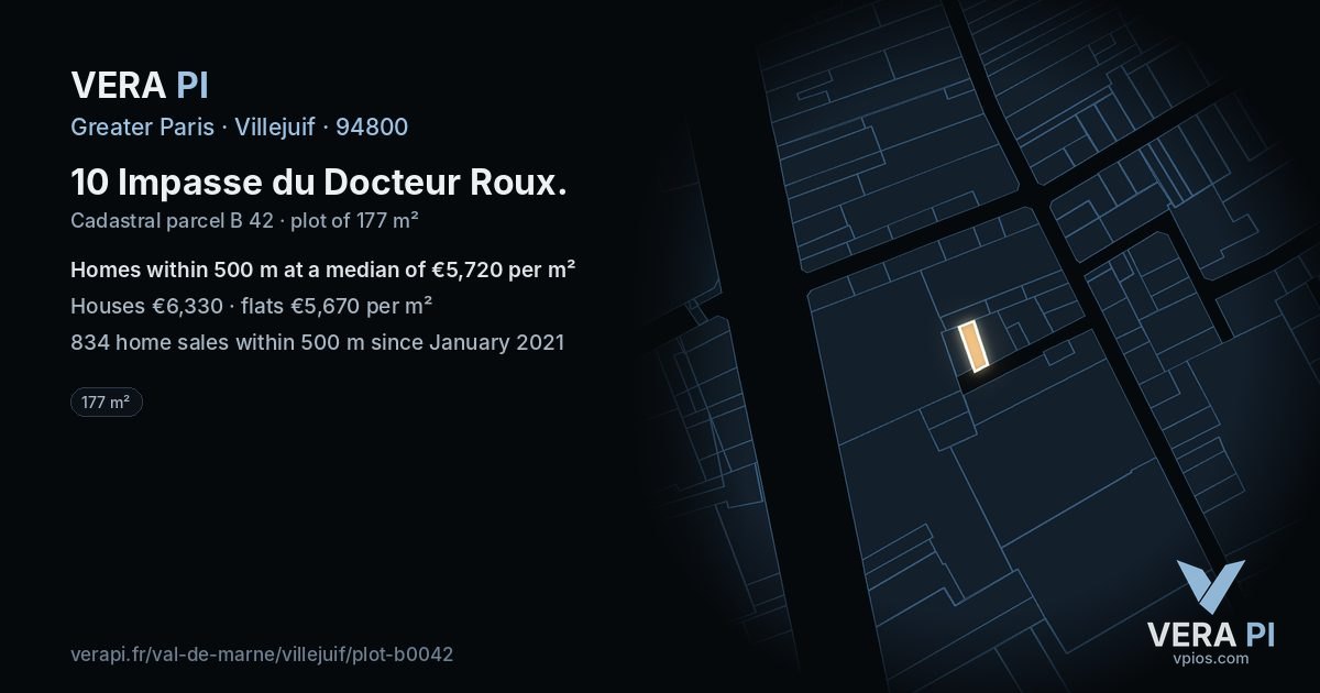 10 Impasse du Docteur Roux, Villejuif at night – the plot lit, the parcels around coloured by the prices near them