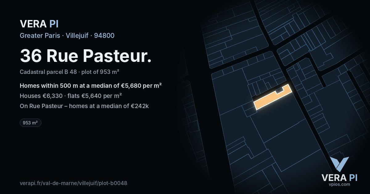 36 Rue Pasteur, Villejuif at night – the plot lit, the parcels around coloured by the prices near them
