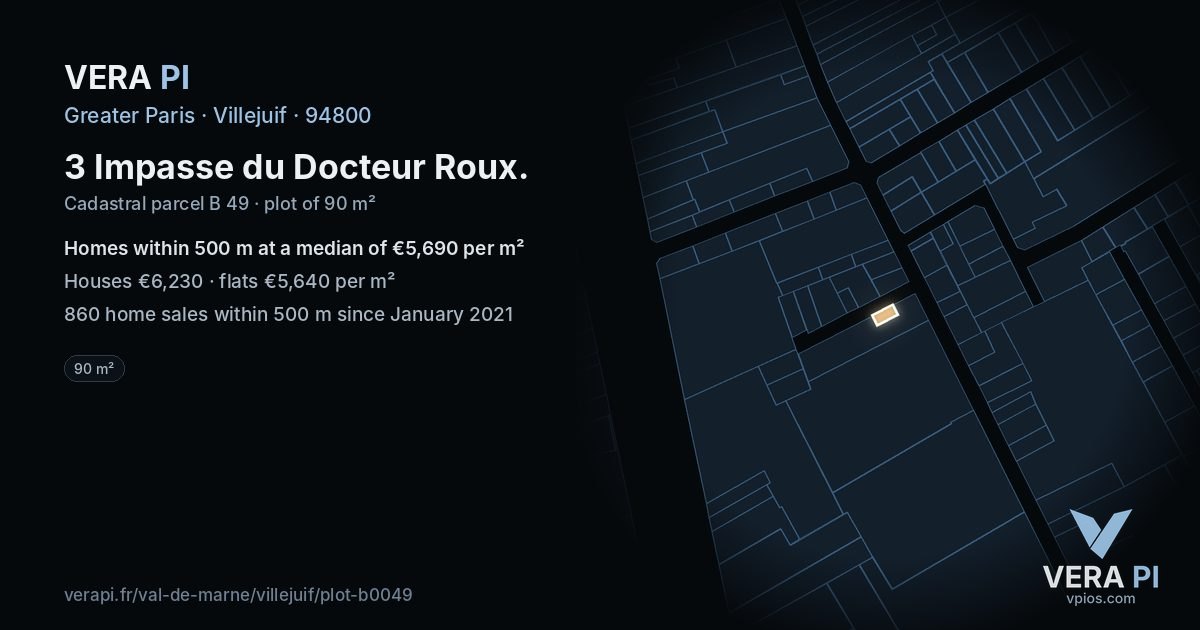 3 Impasse du Docteur Roux, Villejuif at night – the plot lit, the parcels around coloured by the prices near them