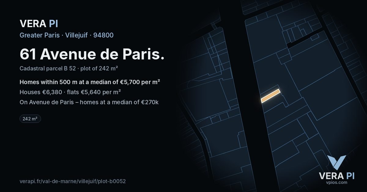 61 Avenue de Paris, Villejuif at night – the plot lit, the parcels around coloured by the prices near them