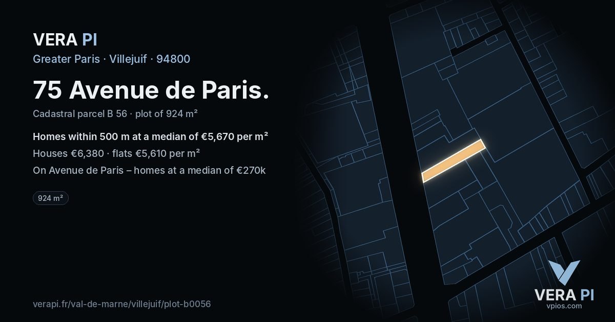 75 Avenue de Paris, Villejuif at night – the plot lit, the parcels around coloured by the prices near them
