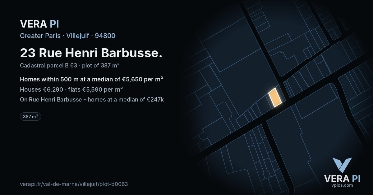 23 Rue Henri Barbusse, Villejuif at night – the plot lit, the parcels around coloured by the prices near them