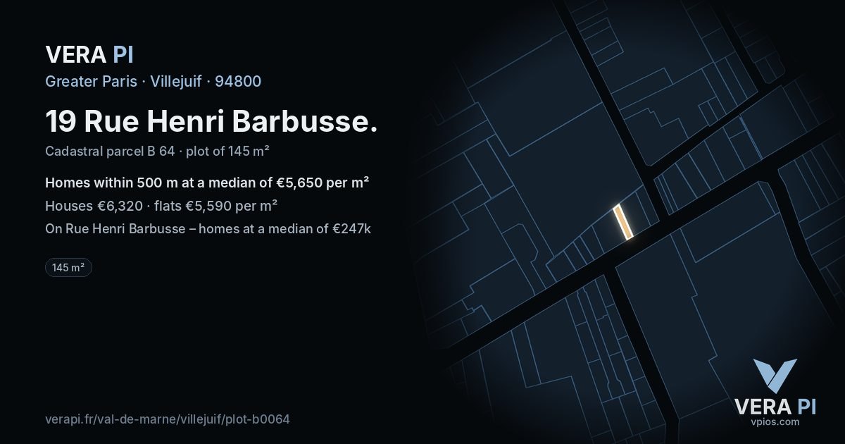 19 Rue Henri Barbusse, Villejuif at night – the plot lit, the parcels around coloured by the prices near them