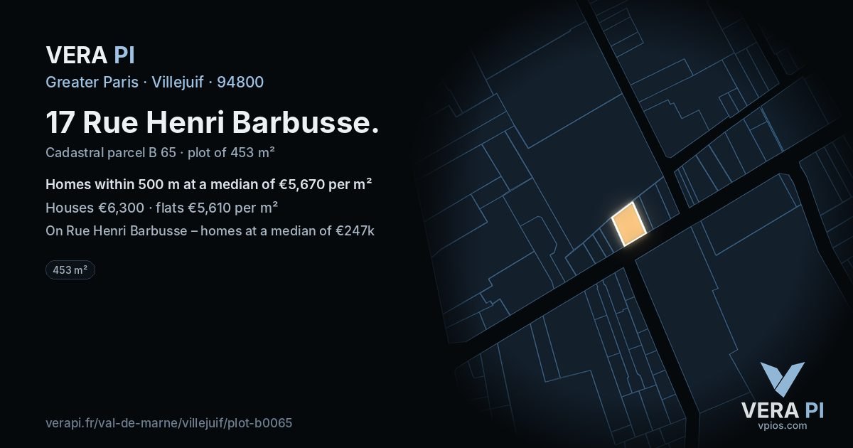 17 Rue Henri Barbusse, Villejuif at night – the plot lit, the parcels around coloured by the prices near them