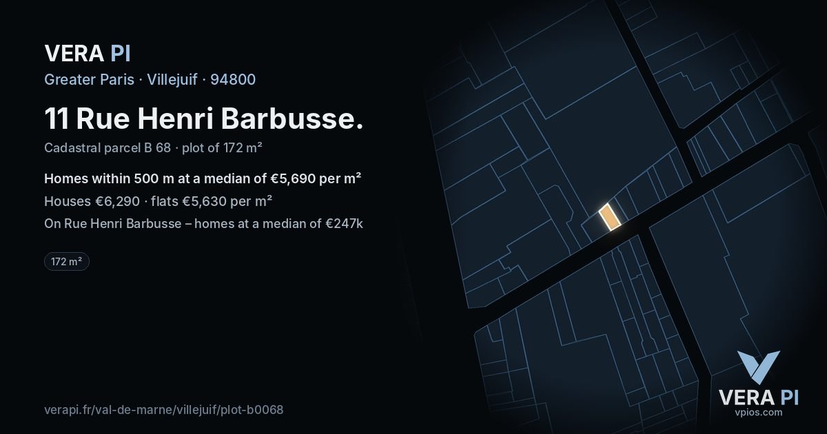 11 Rue Henri Barbusse, Villejuif at night – the plot lit, the parcels around coloured by the prices near them