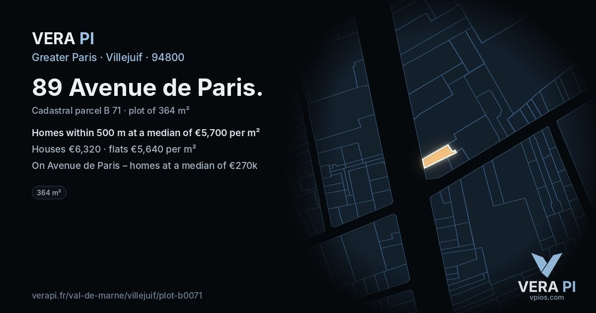 89 Avenue de Paris, Villejuif at night – the plot lit, the parcels around coloured by the prices near them
