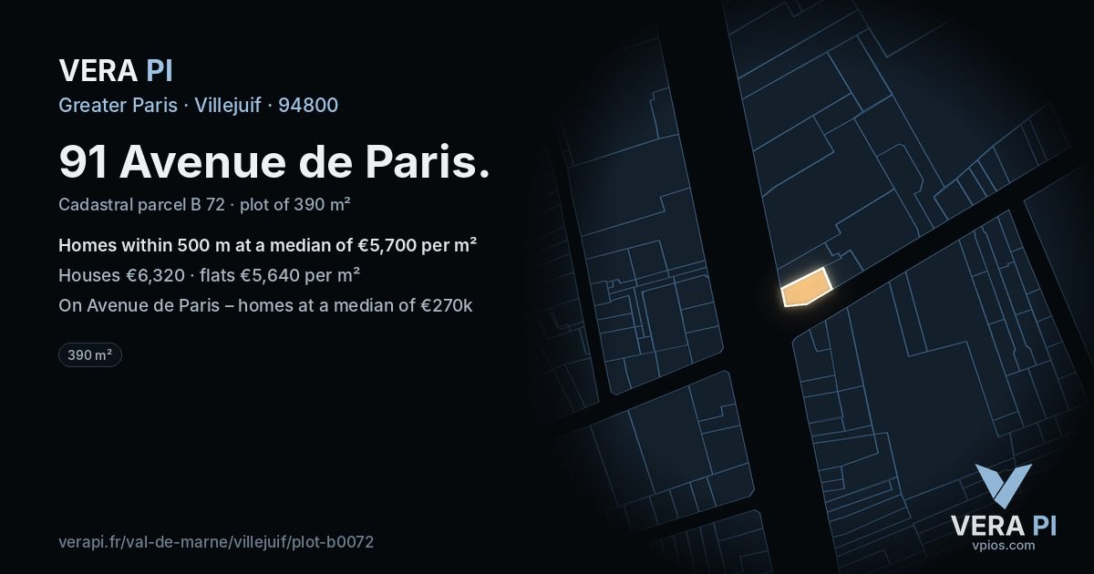 91 Avenue de Paris, Villejuif at night – the plot lit, the parcels around coloured by the prices near them