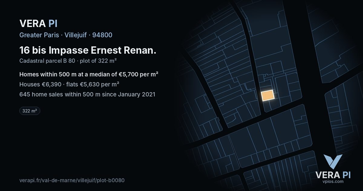 16 bis Impasse Ernest Renan, Villejuif at night – the plot lit, the parcels around coloured by the prices near them