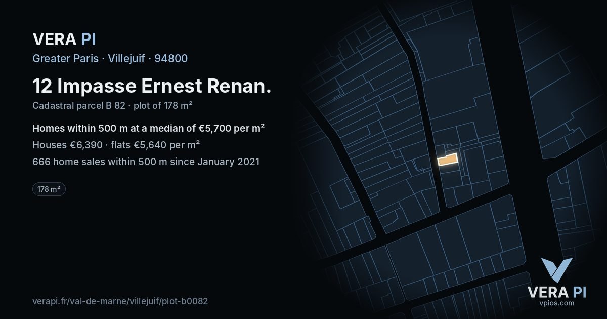 12 Impasse Ernest Renan, Villejuif at night – the plot lit, the parcels around coloured by the prices near them