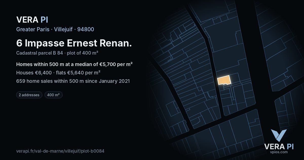 6 Impasse Ernest Renan, Villejuif at night – the plot lit, the parcels around coloured by the prices near them