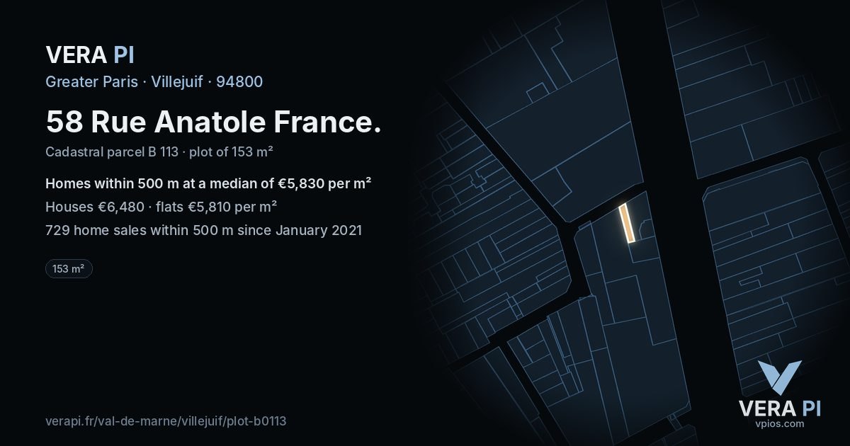 58 Rue Anatole France, Villejuif at night – the plot lit, the parcels around coloured by the prices near them