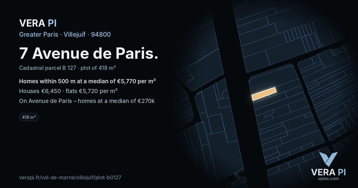7 Avenue de Paris, Villejuif at night – the plot lit, the parcels around coloured by the prices near them