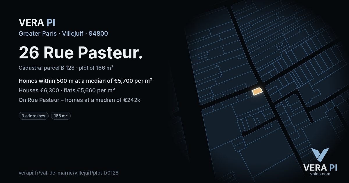 26 Rue Pasteur, Villejuif at night – the plot lit, the parcels around coloured by the prices near them