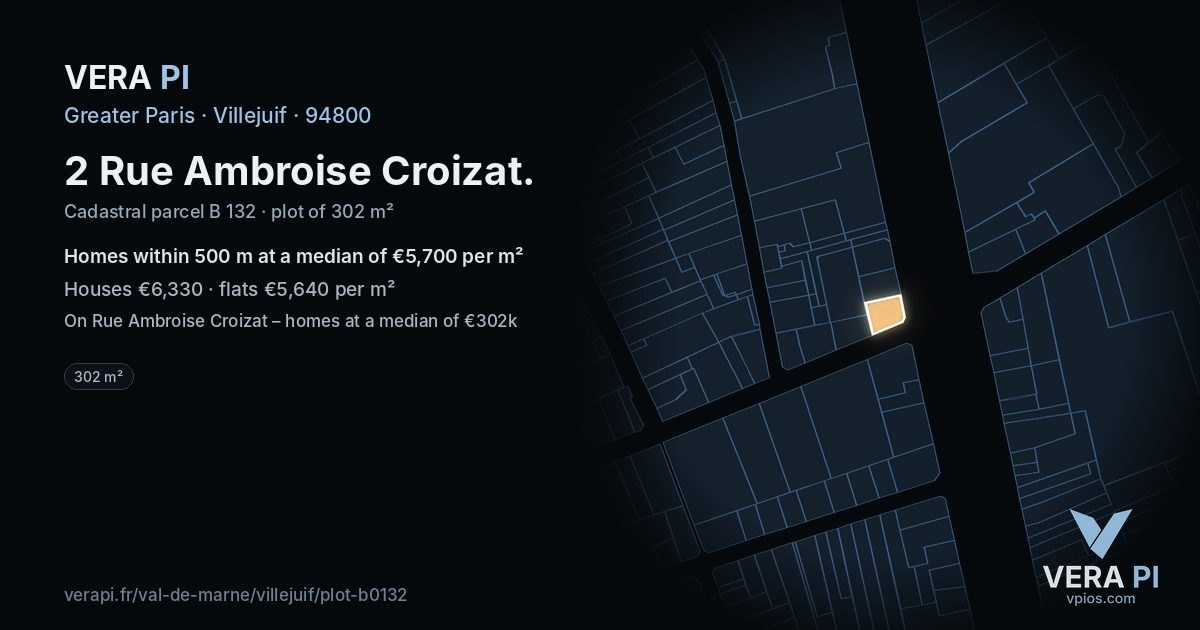 2 Rue Ambroise Croizat, Villejuif at night – the plot lit, the parcels around coloured by the prices near them