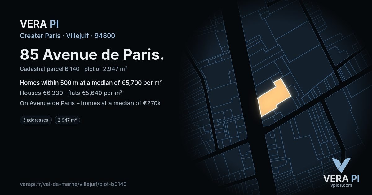 85 Avenue de Paris, Villejuif at night – the plot lit, the parcels around coloured by the prices near them