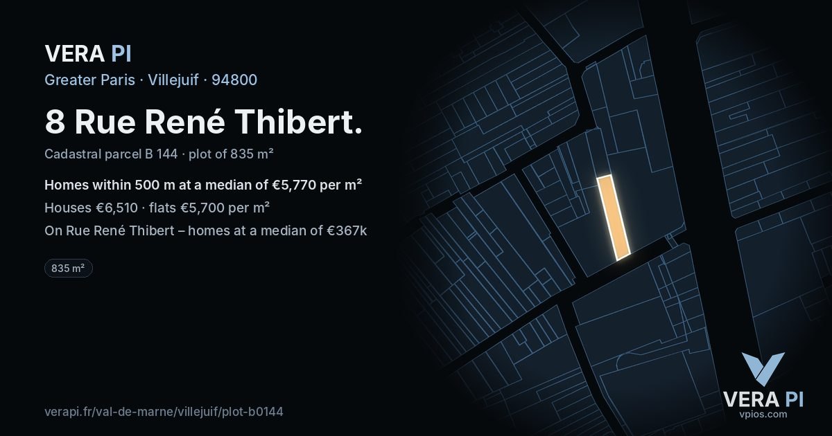 8 Rue René Thibert, Villejuif at night – the plot lit, the parcels around coloured by the prices near them