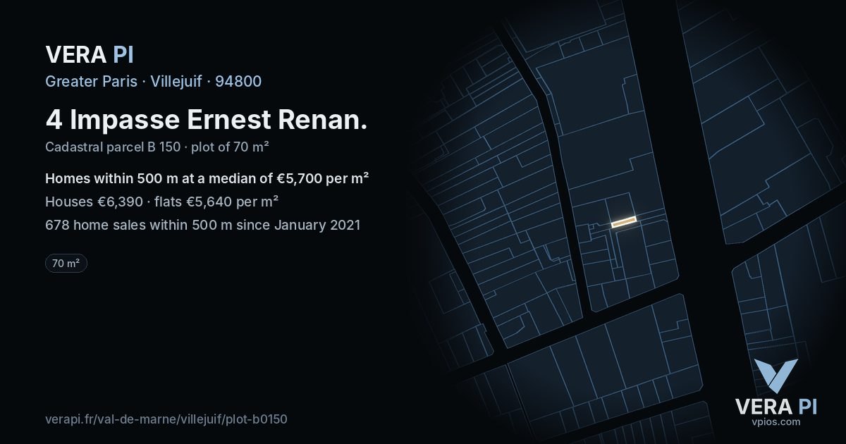 4 Impasse Ernest Renan, Villejuif at night – the plot lit, the parcels around coloured by the prices near them