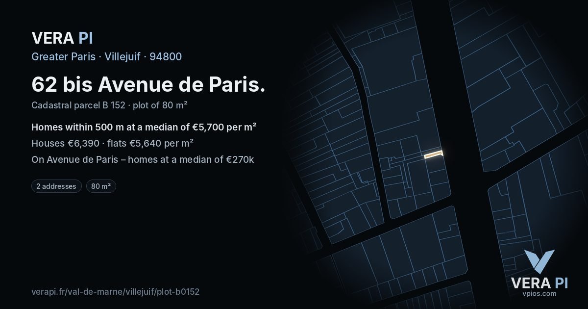 62 bis Avenue de Paris, Villejuif at night – the plot lit, the parcels around coloured by the prices near them